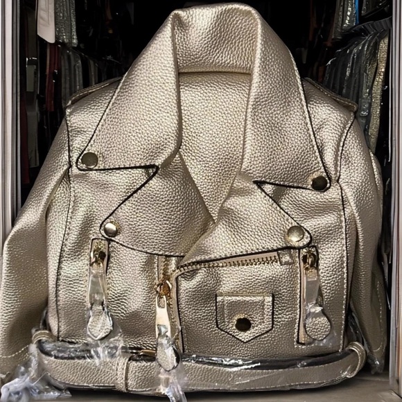Vegan Gold Metallic Motorcycle Jacket Backpack - Picture 6 of 9